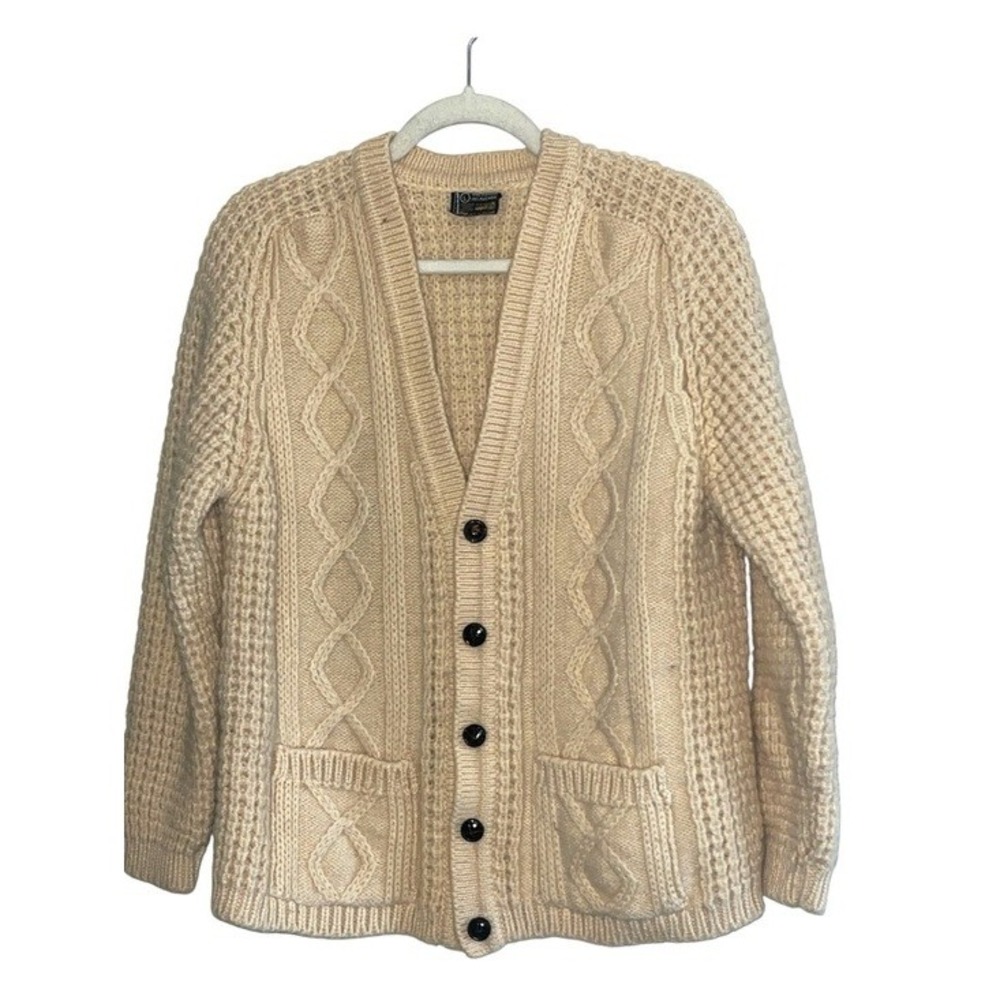 Gaeltarra Vintage Irish Wool Aran Cable Knit Fisherman Cardigan Cream L